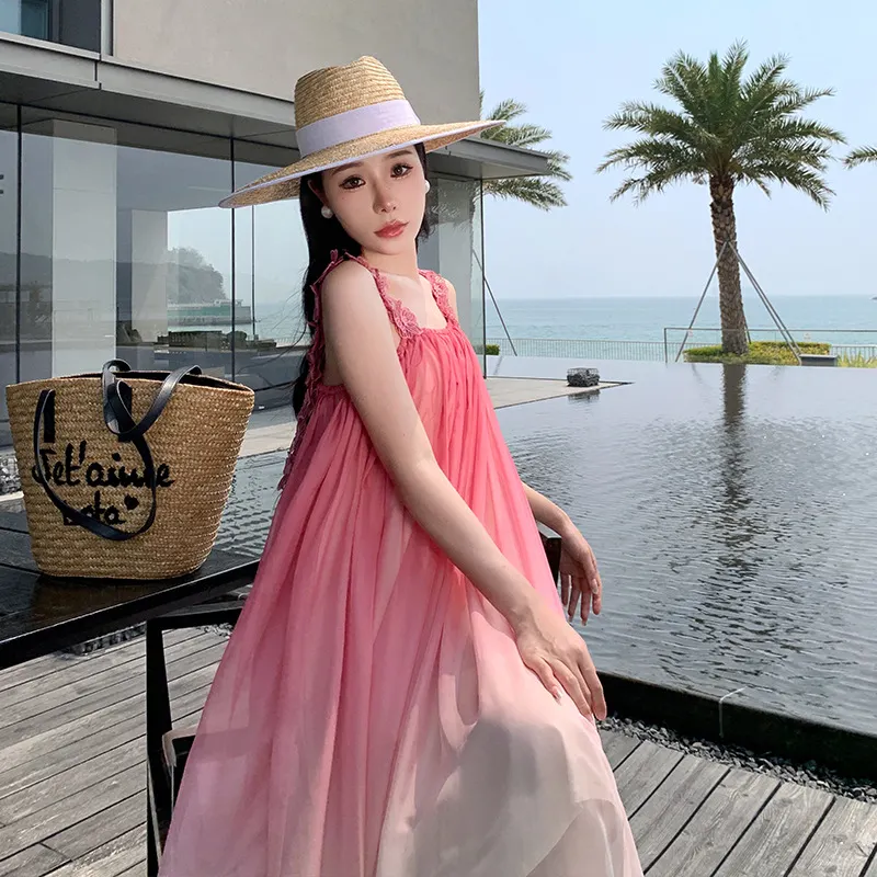 Churchf Churchf Dress Seaside Pink Sling Chiffon Dress Super Fairy Big Skirt
