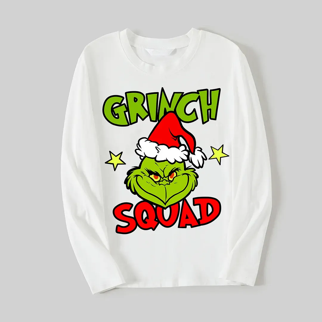 Cute Cartoon and Funny Christmas Slogan Print Contrast White Long Sleeve with Red and Green Plaid Pants Family Matching Pajamas