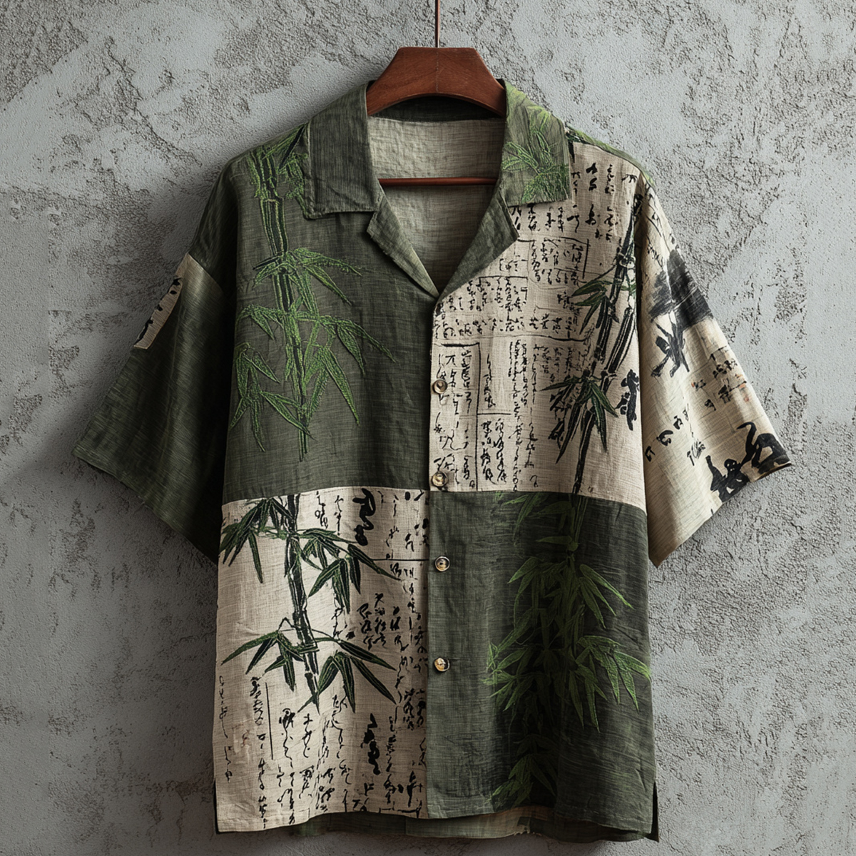 Men's Retro Calligraphy Bamboo Patchwork Art Print Short Sleeve Shirt elevenforest