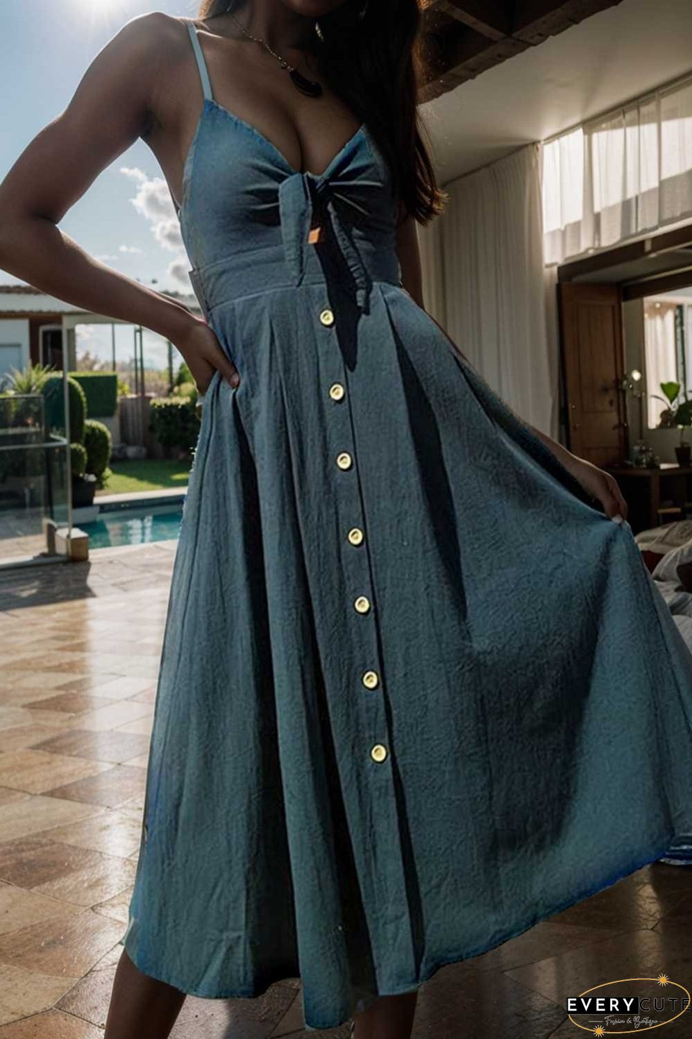floral v neck tie spaghetti strap beach midi dress