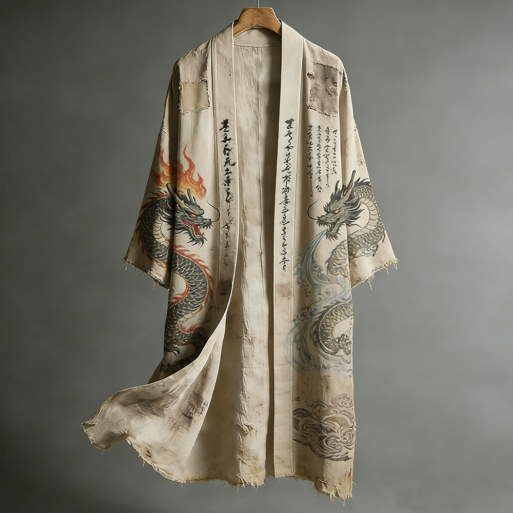 Men's Japanese Water And Fire Dragon Pattern Casual Long Kimono elevenforest
