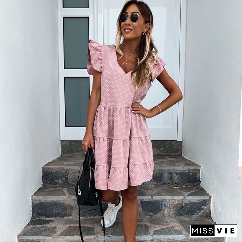 Women New Summer Sundress Casual Ruffles Sleeves V-neck Dot Boho Party Vestidos Elegant Mini Dresses Fashion Vestidos