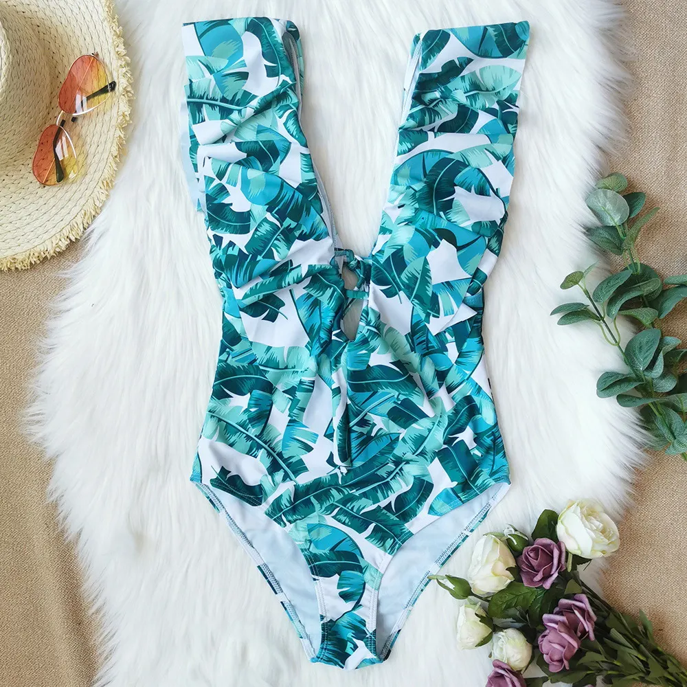 Churchf Printed Flowers Even Lotus Leaf Side Body Swimsuit Women 2025 New Swimsuit Bare Back