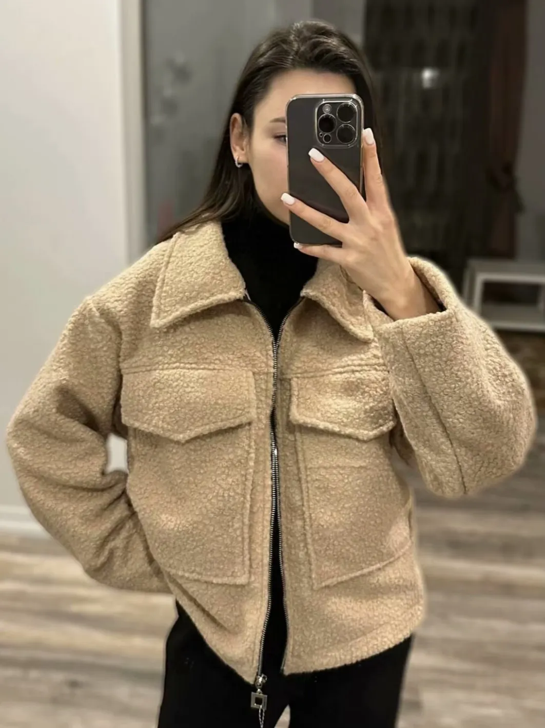Nigikala Nigikala Spring/Autumn Festival New Women's Collar Large Pocket Zipper Short Long-Sleeved Jacket B88684