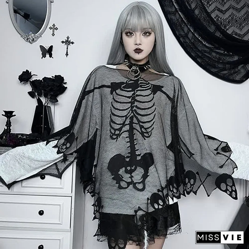 Halloween Gothic Skeleton Skull Print Lace Cloak