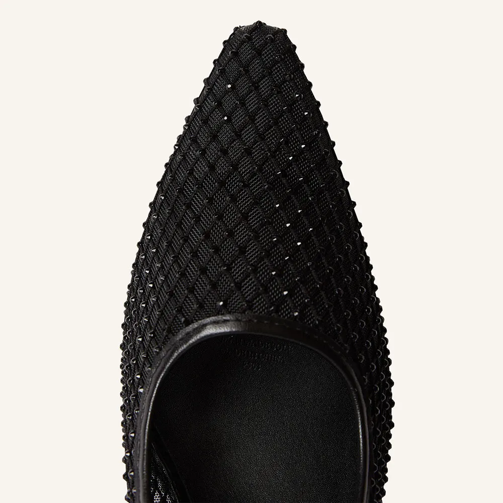 Black Rhinestone Mesh Pointed Toe Chunky Heel Slingback Shoes