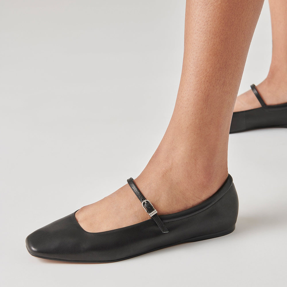 Black Vegan Leather Square Toe Buckled Mary Jane Ballet Flats Nicepairs