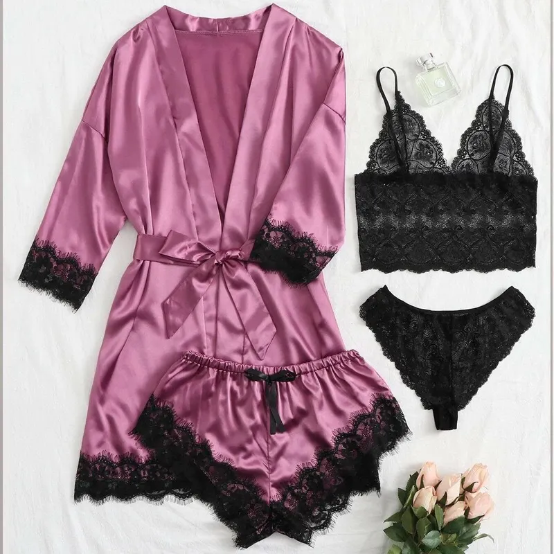 Churchf 2021 New Ladies Pajamas Four-Piece Sexy Sling Skirt Set Home Lace Pajamas Set
