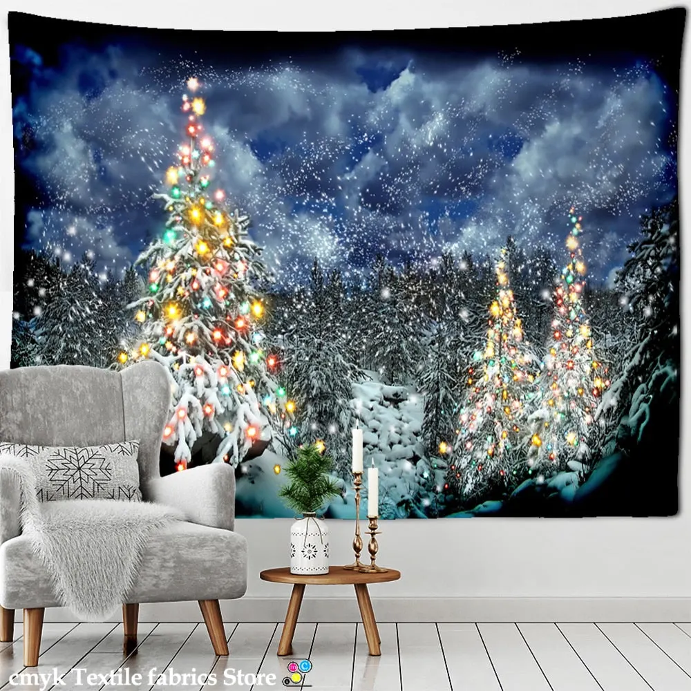 Christmas Tree Snowman Tapestry Wall Hanging Natural Snow Scene Cartoon Oil Painting Aesthetics Room Hippie Home Decor