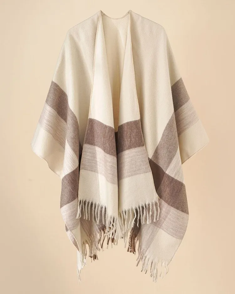 Women's Khaki Plaid Casual Cape Shawl 002