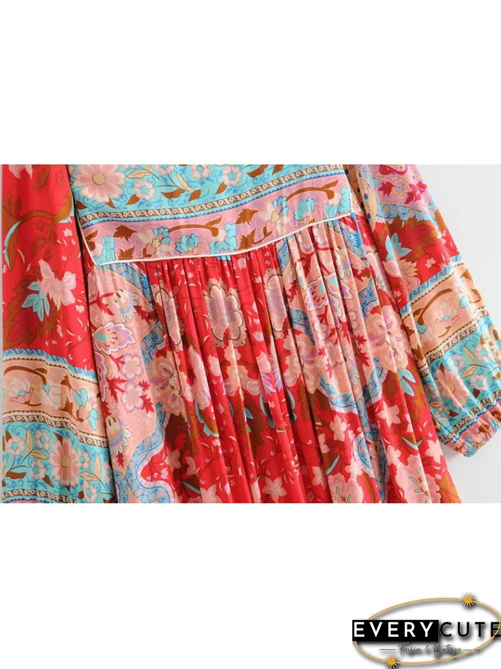 Vintage Chic Fashion Women Long Sleeve Tassel Red Floral Print Beach Bohemian Maxi Dresses Ladies Cotton Pleated Boho Dress Robe