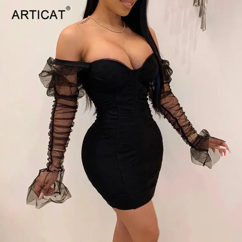 Articat Sexy Mesh Puff Sleeve Party Dress Women Low Collar Backless Patchwork Red Mini Dress Nightclub 2020 Spring Vestidos