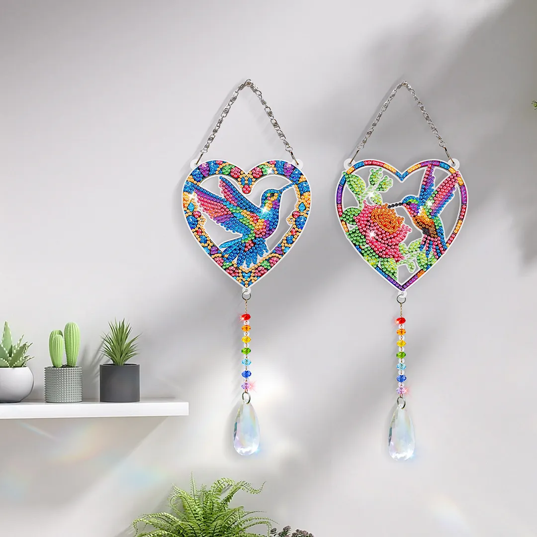 2Pcs Love Hummingbird DIY Acrylic Diamond Painting Art Wind Chimes with Crystal Pendant Diamond Art Hanging Pendant Double-Sided for Adults Beginners Gift Home Garden Decor