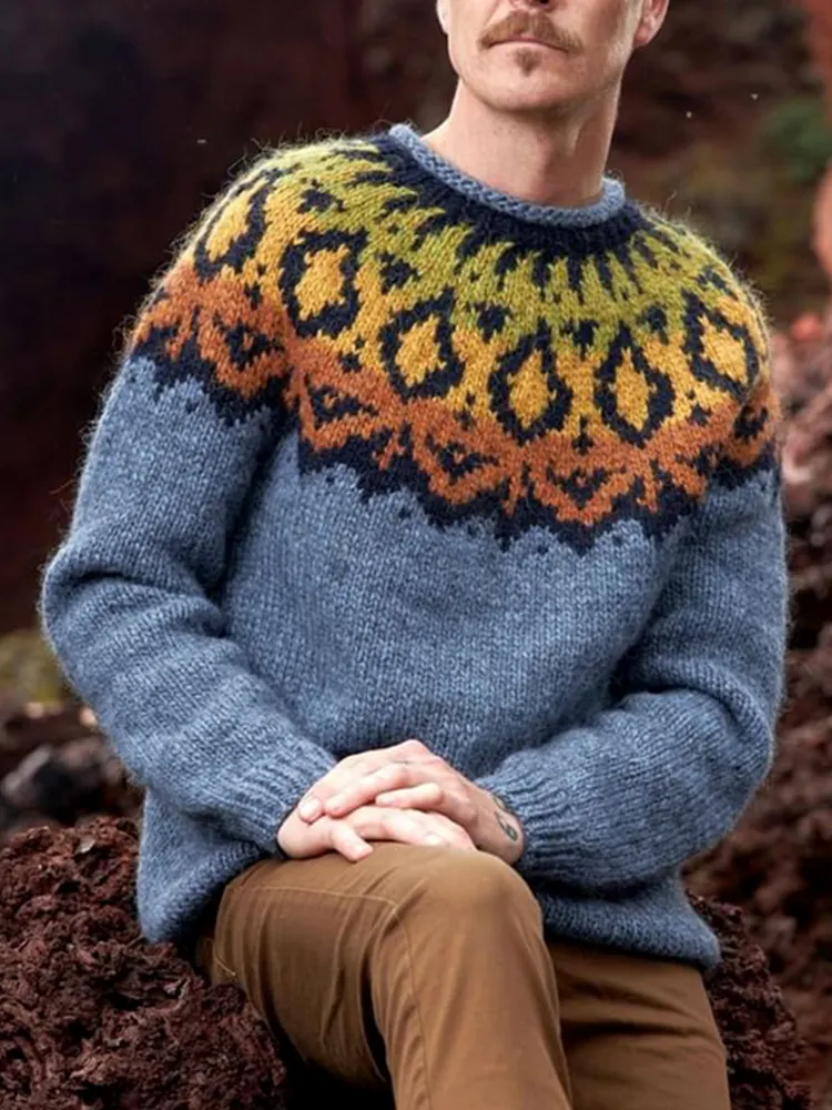 Retro Colorful  Jacquard Iceland Crew Neck Sweater