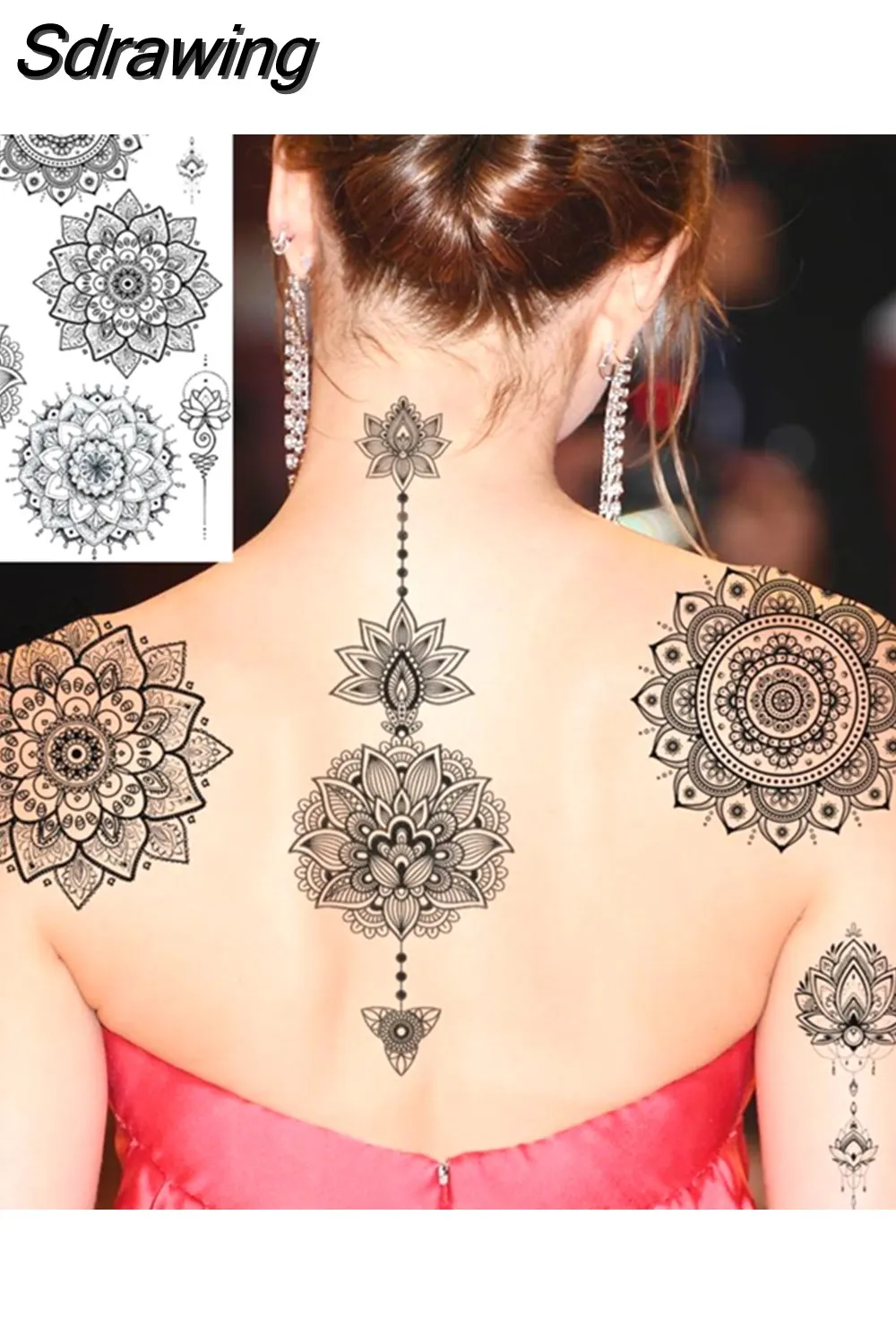 Sdrawing Peony Flower Temporary Tattoos For Women Adults Realistic Compass Moon Pendant Fake Tattoo Sticker Arm Body Tatoos 507-1