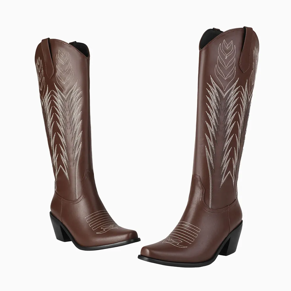 Chic Brown Faux Leather Snip Toe Stitching Pull On Cowgirl Boots
