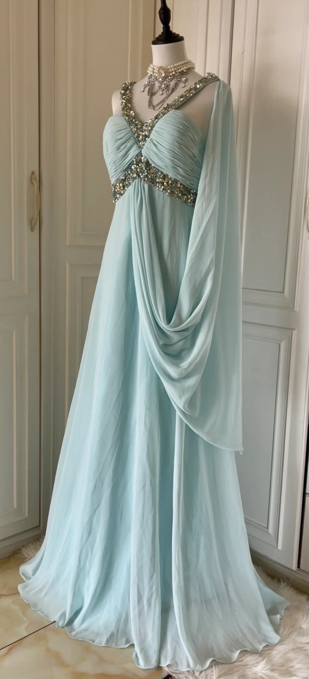 Gentle Tiffany Blue Chiffon V-neck Beaded Sequin A-Line Long Prom Dress  Wedding Evening Dress HZ1108