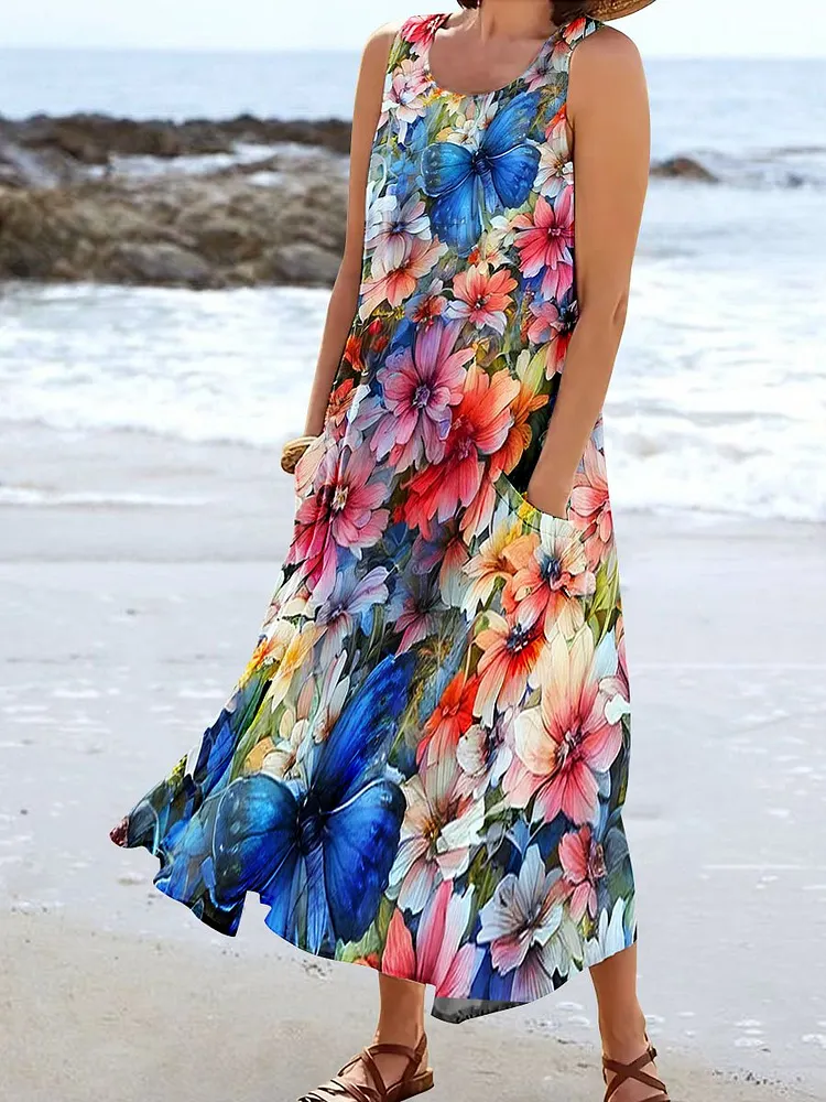 Women's Butterfly Floral Art Print Casual Resort Dress
