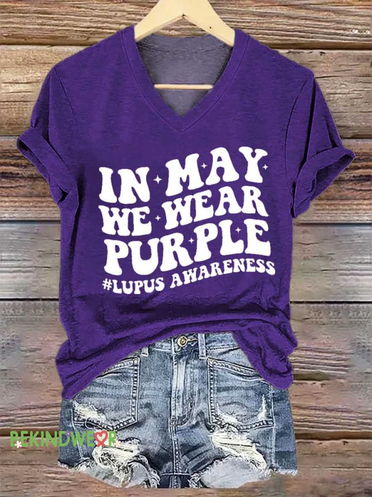Women&rsquo;s IN MAY WE WEAR PURPLE #LUPUS AWARENESS V-neck Casual T-Shirt Purple / S