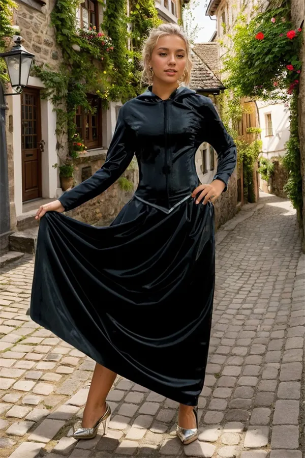 Women Latex Top & Skirts Set Black Hooded Two-Piece Set