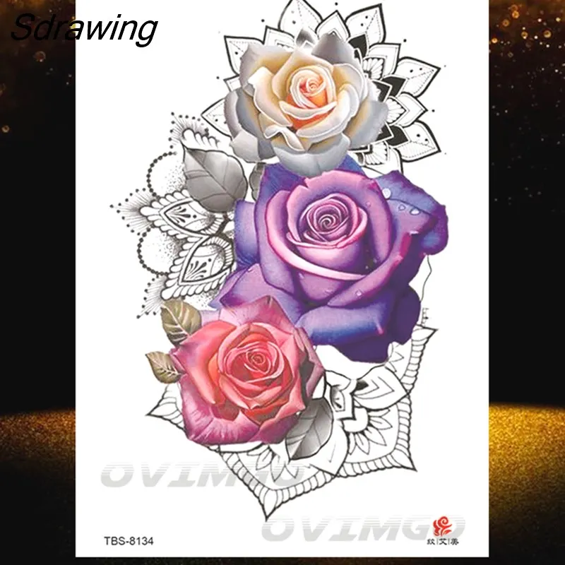 Sdrawing Lotus Flower Temporary Tattoos Fake Jewelry 3D Beauty Rose Tattoo Sexy Body Art Arm Painting Tatoo Sticker For Women