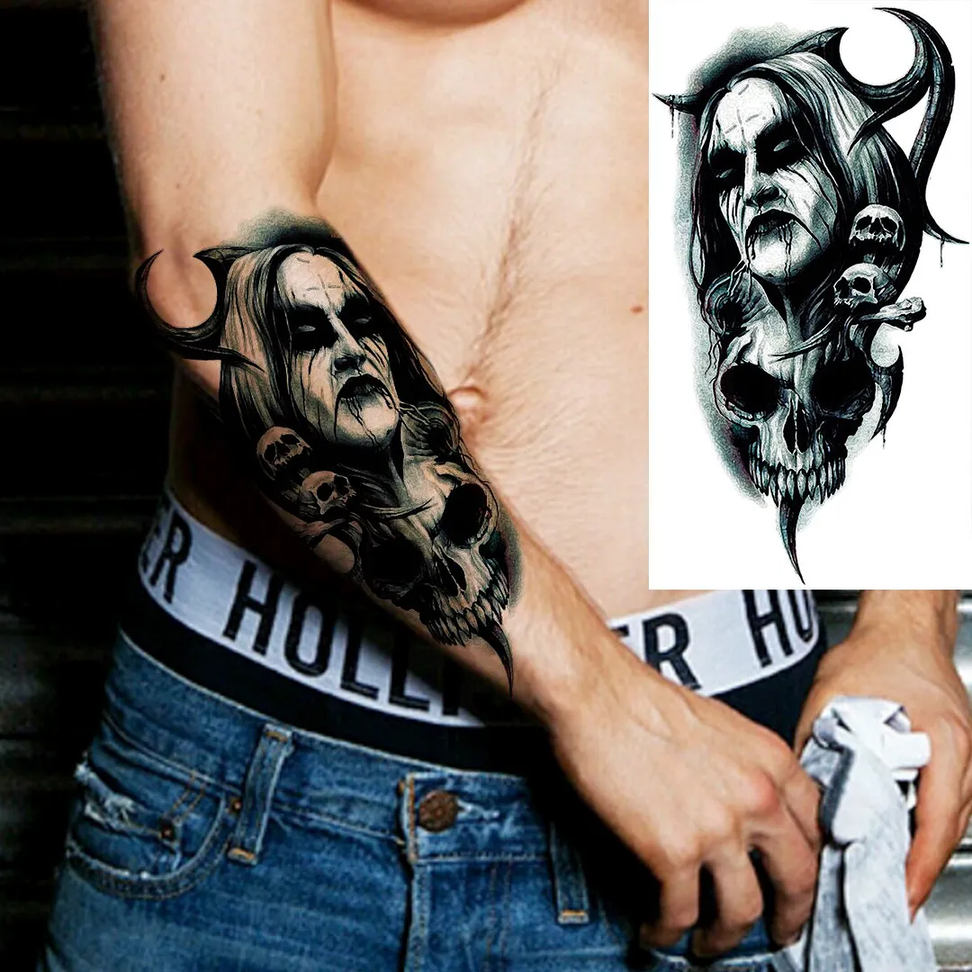 sdrawing Realistic Black Devil Temporary Tattoos For Men Adult Tiger Pirate Skeleton Vampire Fake Tattoo Forearm Scary Tatoo Joker