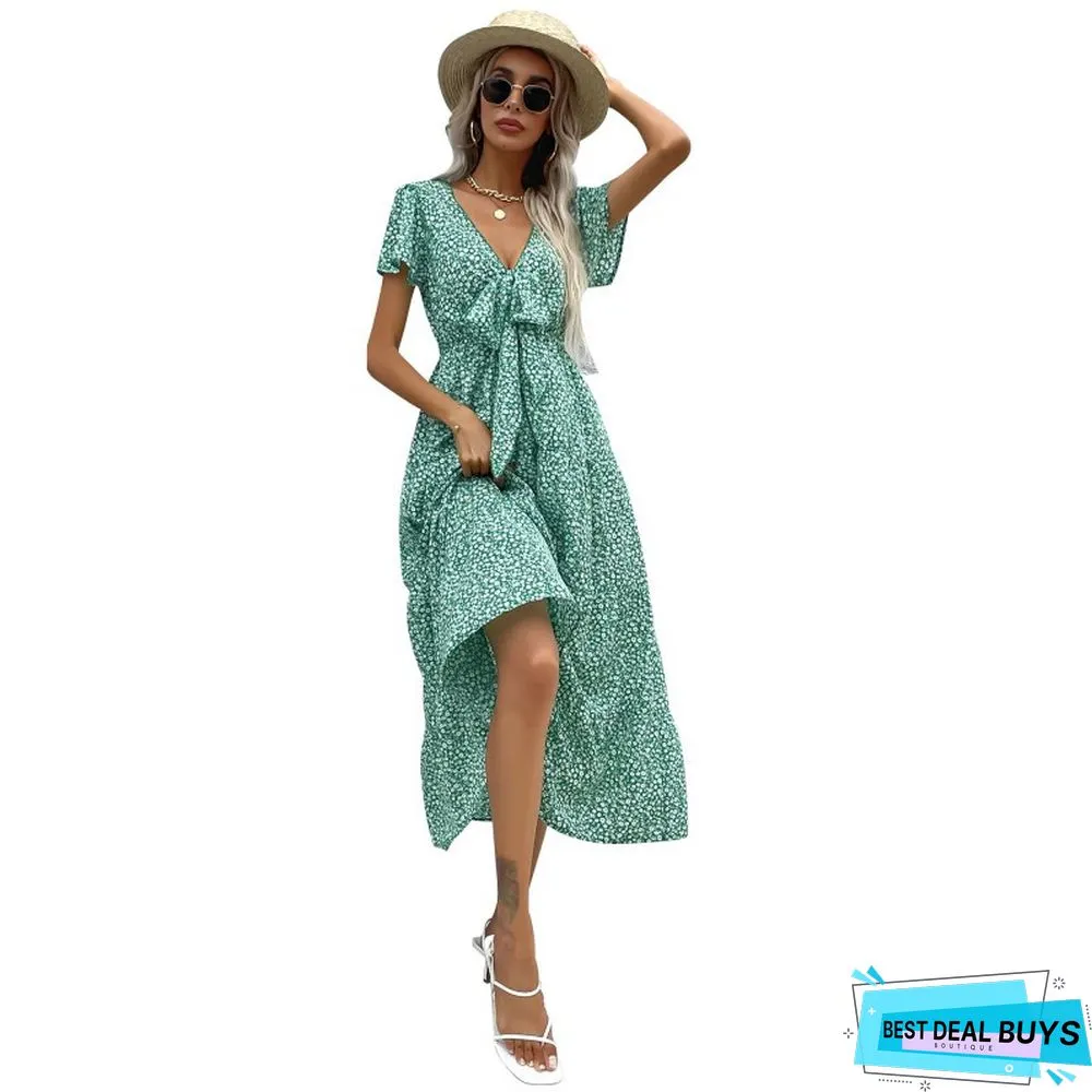 Women's Short Sleeve Green Printed V-Neck Dress