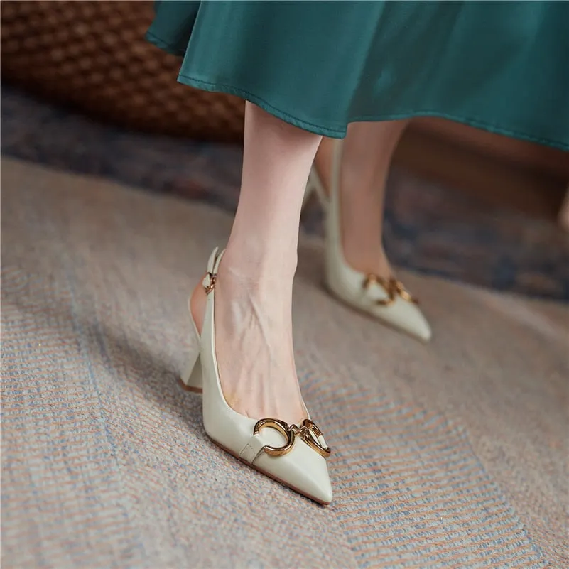 Meotina Women Shoes  Genuine Leather Stiletto Heel Shoes Chain Slingback Shoes Pointed Toe High Heels Summer Spring White 40 41