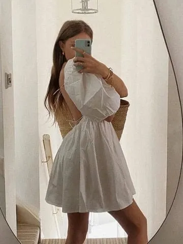 pornhint Pornhint Cryptographic White Sexy Backless Lace Up Mini Dresses Puff Sleeve Sweet Dress Summer Holiday Sundress Elegant Dress Clothes