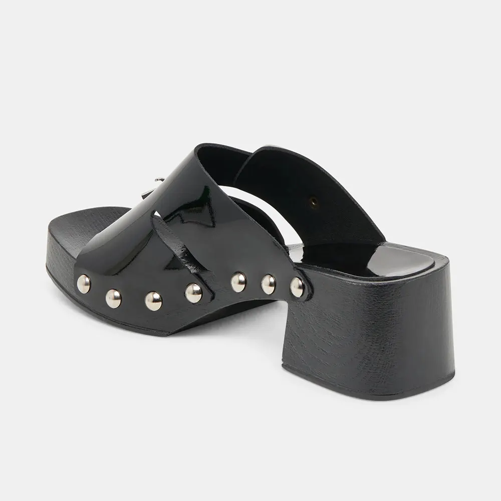 Black Open Toe Studded Slip On Platform Mule Heels with Buckles