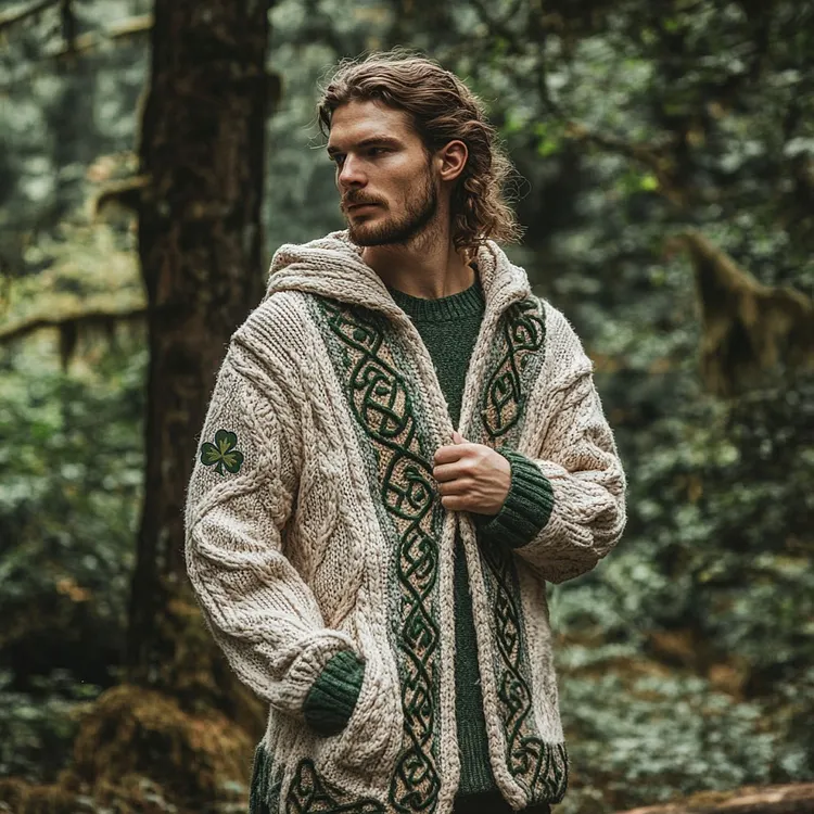 Men's Ireland Celtic Knot Shamrock Zipper Hooded Cardigan