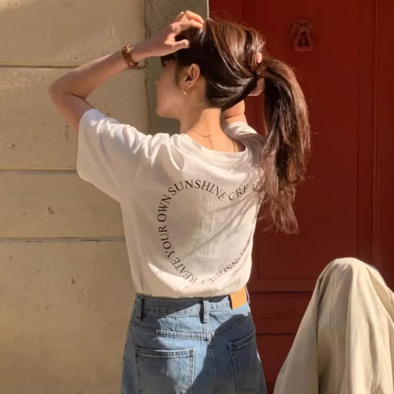 Churchf Churchf Chic Summer Temperament Versatile Round Collar Back Letter Print Design Loose Casual Short-Sleeved T-Shirt Jacket