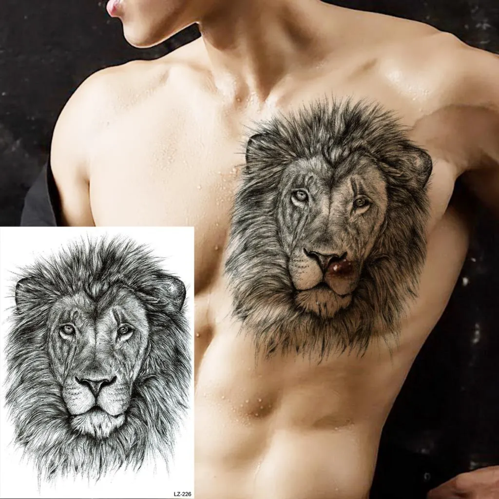 Large Lion Temporary Tattoos For Men Adults Realistic Totem Watercolor Tiger Fake Tattoo Sticker Chest Body Tatoos Waterproof