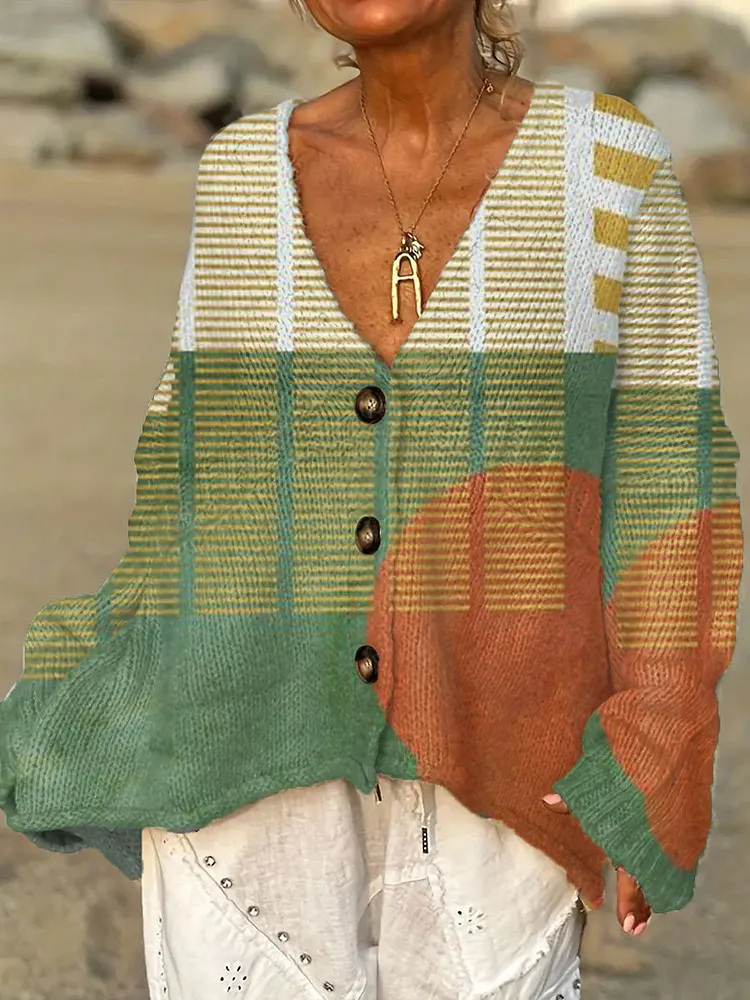 Women's Vintage Abstract Geometric Art Print Casual Pullover Sweater