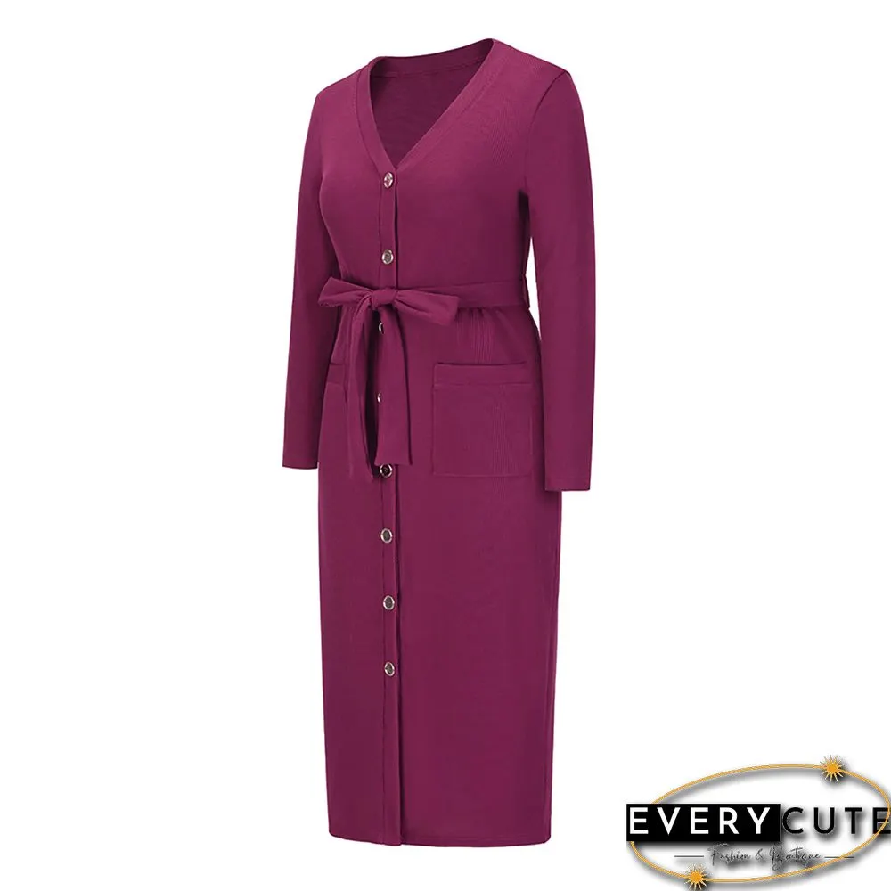 Purple Red Rib Button Tie Waist Midi Dress with Pocket