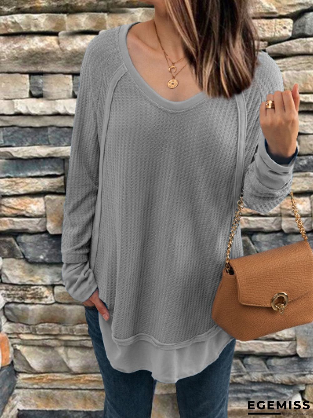 Casual Long Sleeve V Neck Solid Tops | EGEMISS