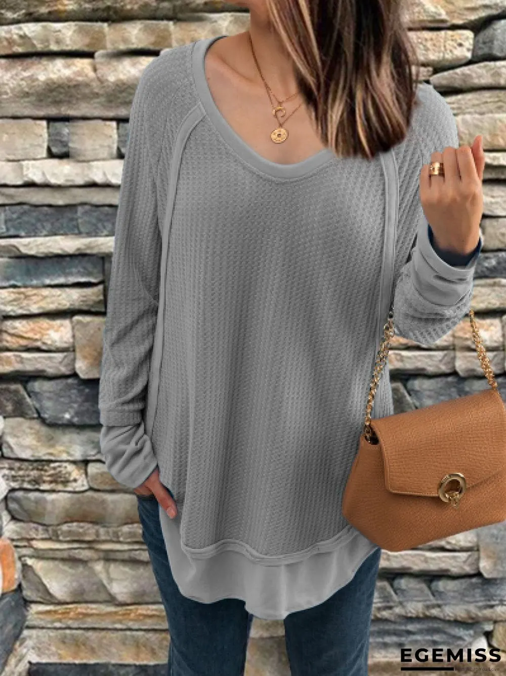 Casual Long Sleeve V Neck Solid Tops | EGEMISS