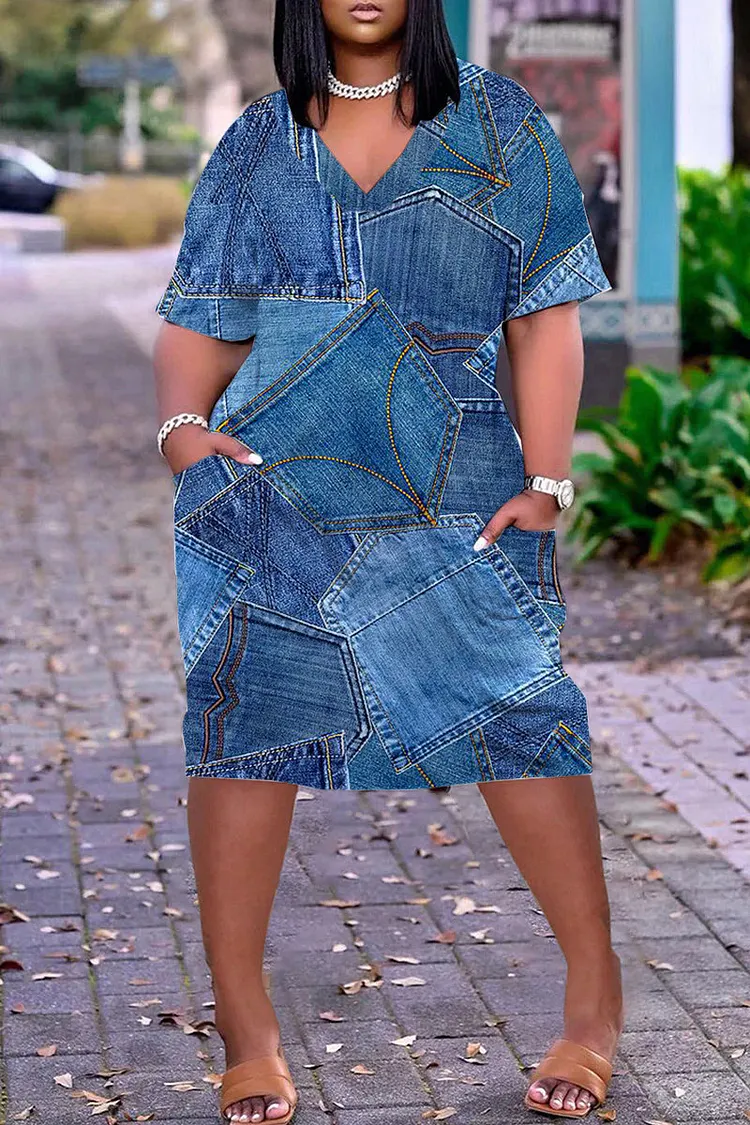 Xpluswear Plus Size Casual V Neck Short Sleeve Print Loose Midi Dress 2024 - Xpluswear