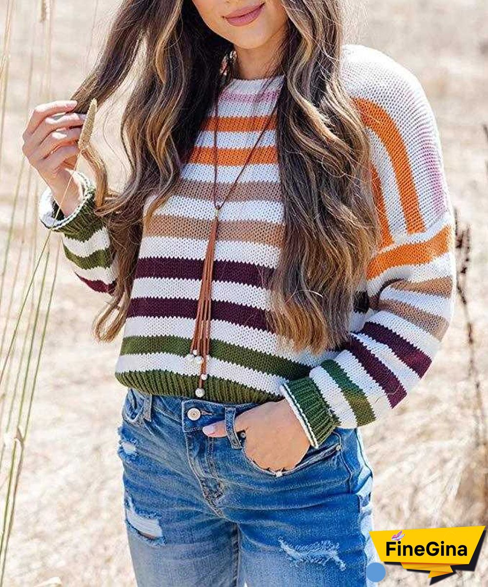 Blocked Colorful Stripes Cropped Turtleneck Sweater Long Sleeve