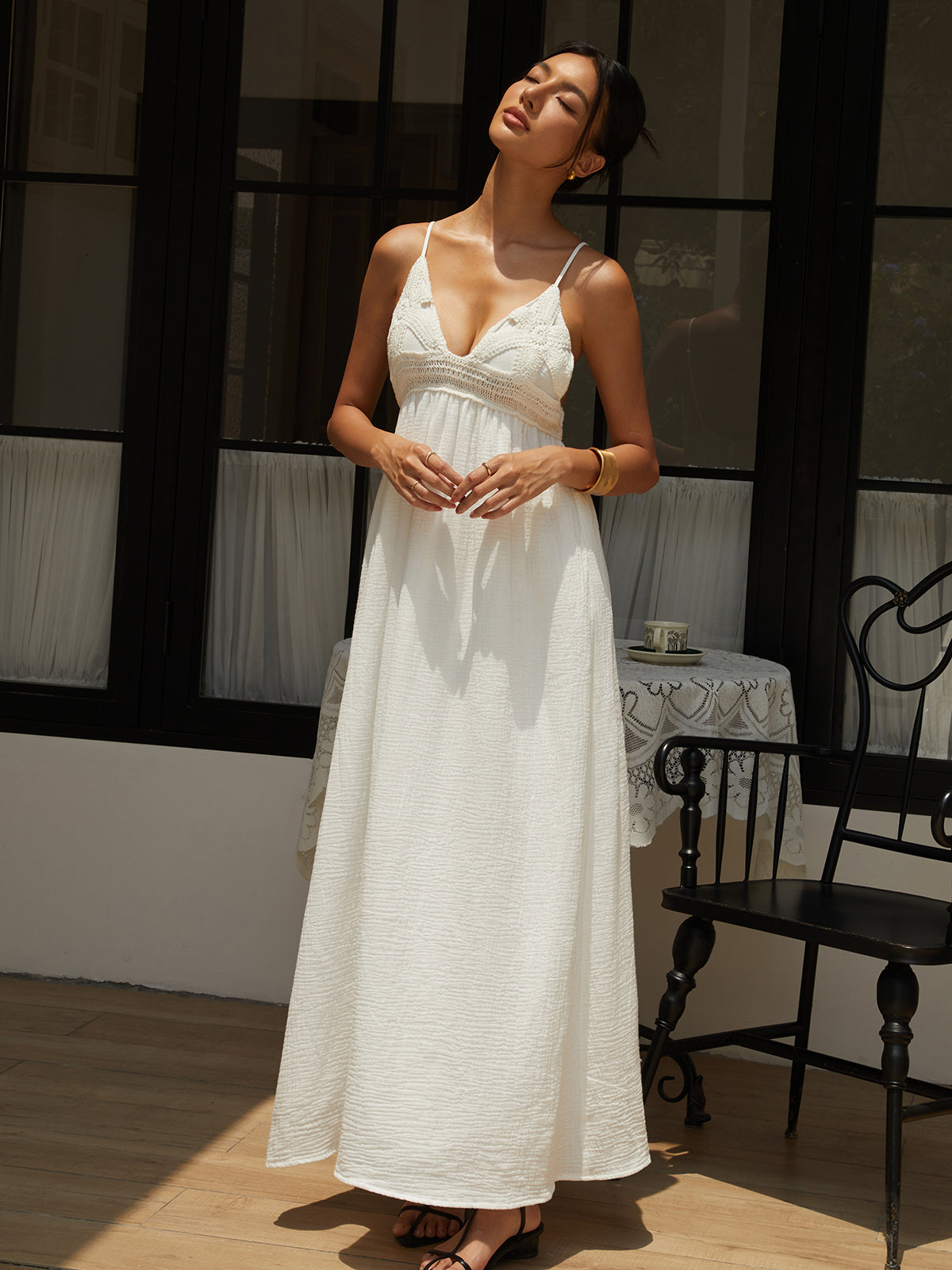 Cotton Embroidery Decor Backless Long Dress