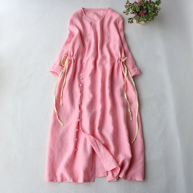 Fashion Solid Color V Neck Loose Midi Dress