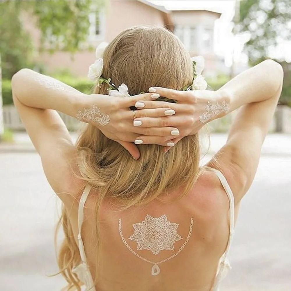 Sexy Henna Mehndi Tattoo White Lace Necklace Flower Water Transfer Temporary Tatoo Sticker Body Art Waterproof for Wedding Beach