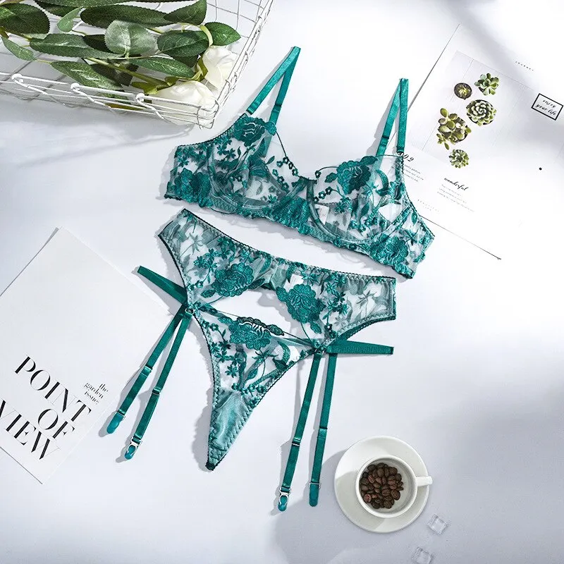 Billionm Lace Lingerie Set 3 Pieces Push Up Bra with Bone Panties Sensual Women's Underwear Floral Embroidery Erotic Costumes Femme Sex