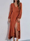 Stylish Solid Color Asymmetric Bandage Split-Side Long Sleeves V-Neck Midi Dress