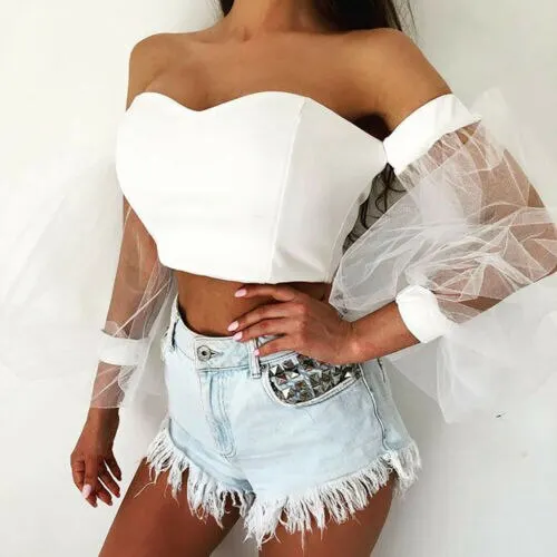 2021 Fashion Women Blouse Shirts Mesh Bubble Sleeve Off Shoulder Sexy Blouses Tops Laidies Long Sleeve Solid Shirts Femme Blusas