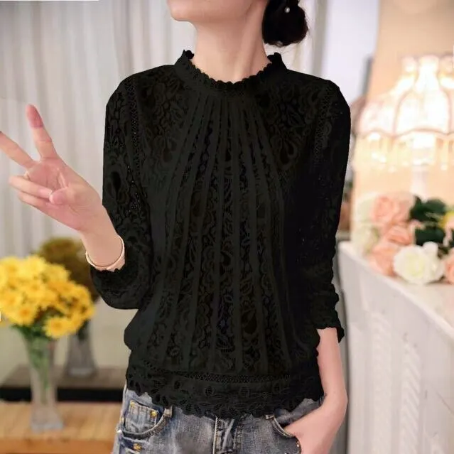 Spring Autumn New Ladies White Blusas Women's Long Sleeve Chiffon Lace Crochet Tops Blouses Women Clothing Feminine Blouse 51C
