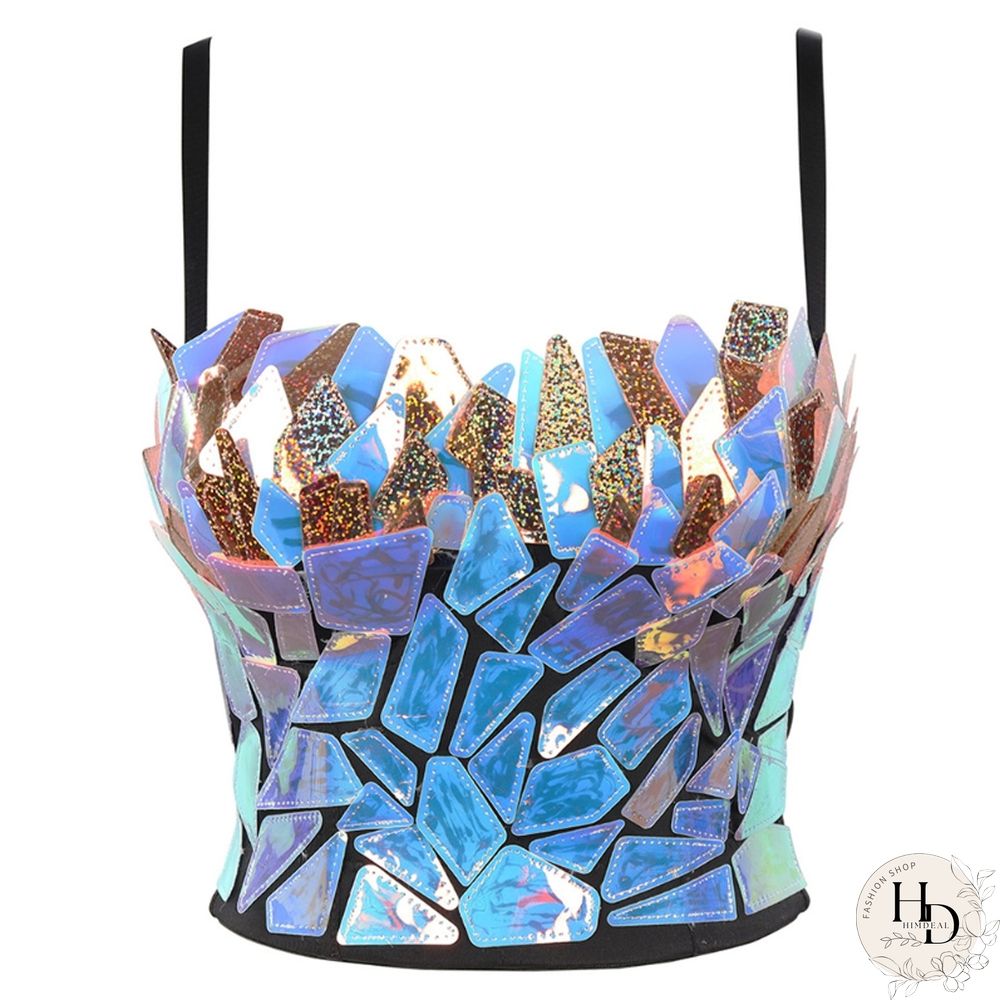 Women Holographic Rainbow Sequins Bustier Bra Spaghetti Strap Corset Camisole Reflective Bralette Crop Top Women Corset Clubwear