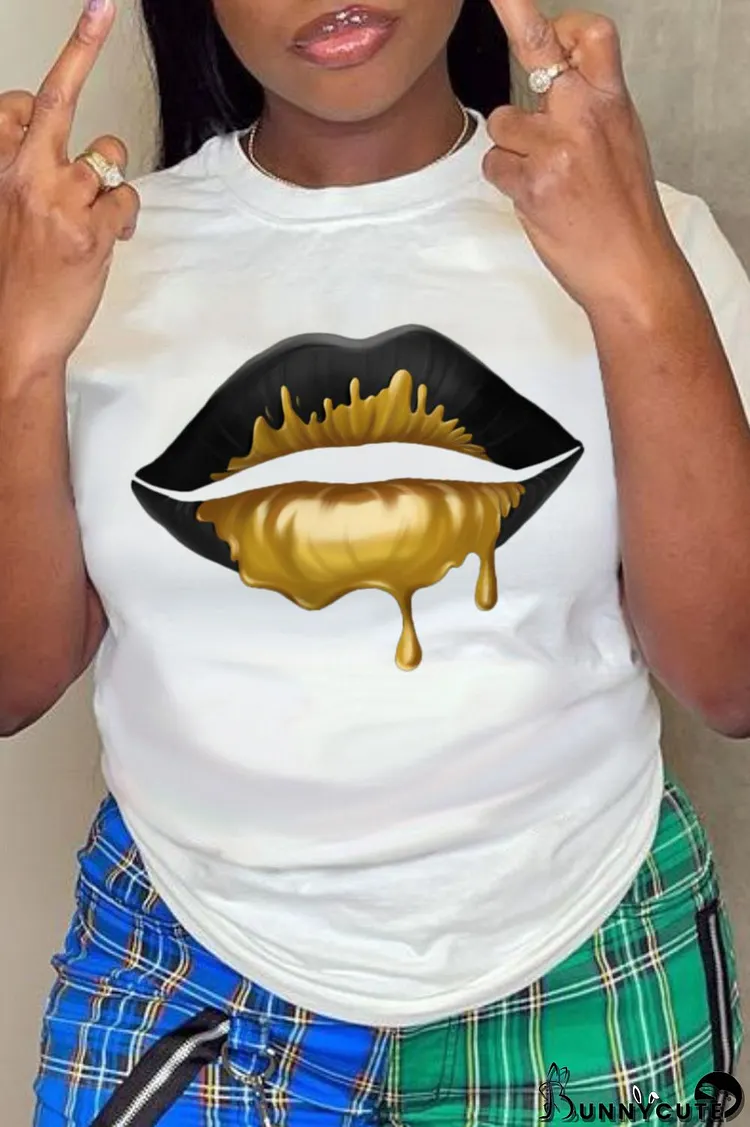 White Fashion Street Lips Printed Split Joint O Neck T-Shirts
