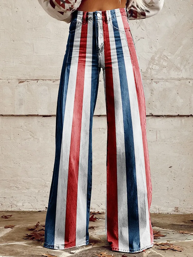 Women's Vintage Stripes Print Casual Wide Leg Pants