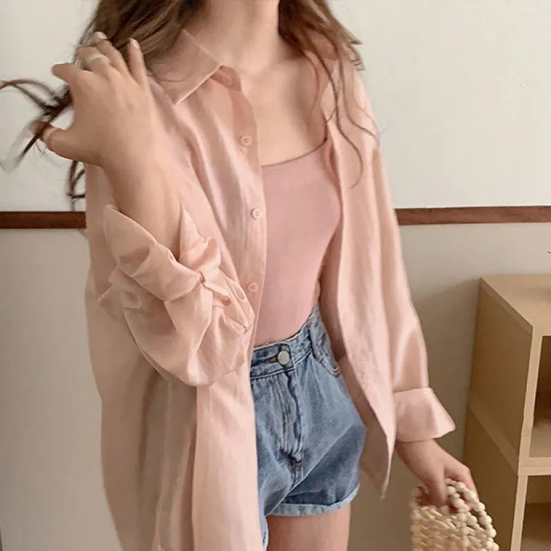 Brownm Brownm Sense Behind The Fork Long-Sleeved Shirt Women Loose Solid Color Wear Sunscreen Summer New Women